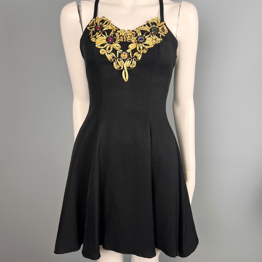 80s Sexy Black Jewelled Mini Dress, Size XS